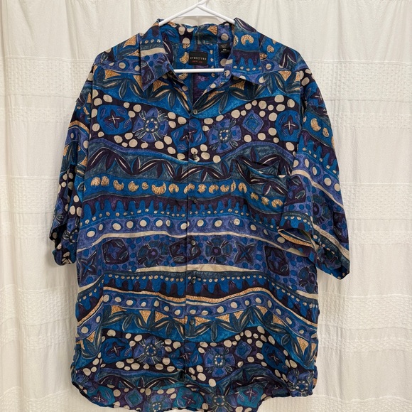 Vintage Structure 100% Silk Blue Patterned Buttondown Shirt Mens XL - Picture 1 of 4